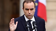 File - A microphone is set up in the courtyard for the statement by French outgoing Prime Minister Sebastien Lecornu at the Hotel Matignon in Paris. 6 Oct. 2025